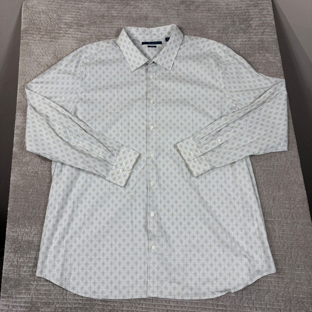 Perry Ellis Mens 4X Blue Tan Geometric Diamond Stretch Button Down Shirt